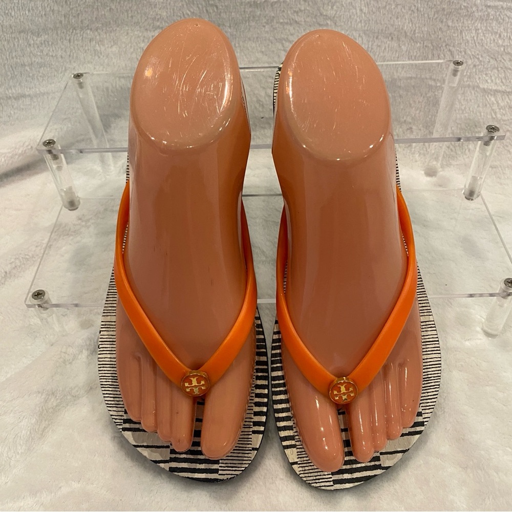 Tory Burch Thin Flat Thong Flip-Flops Flip Flops Sandals Orange Navy Size 8M EUC - Picture 4 of 11